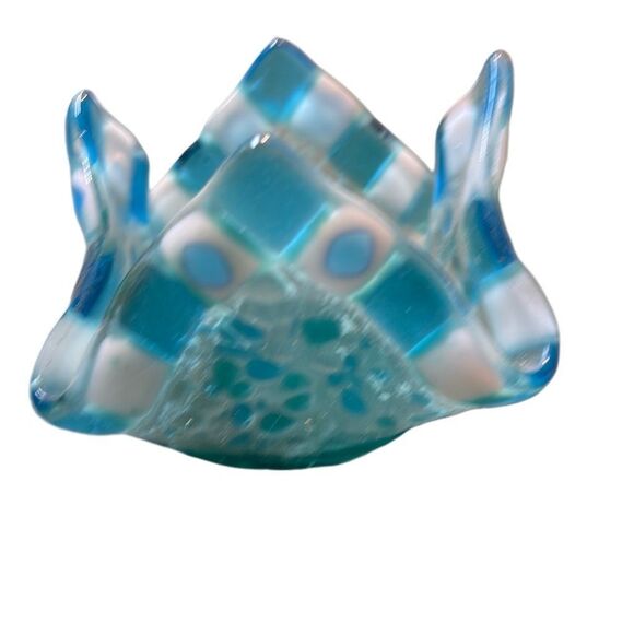 Blue White Fused Art Glass Handkerchief Votive Candle Holder Tea Light - Picture 2 of 7